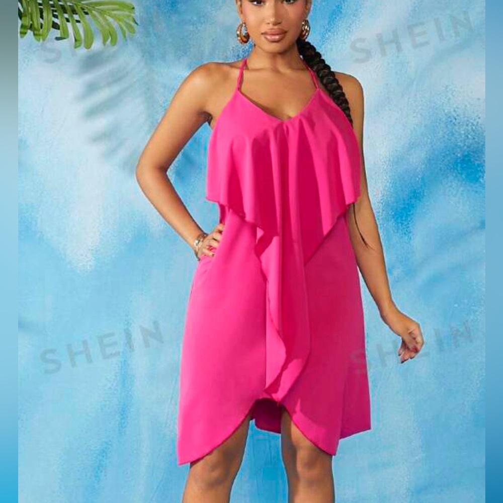 Dark red Orange ruffle dress beach cover up size Medium open back Y strap - Picture 3 of 6